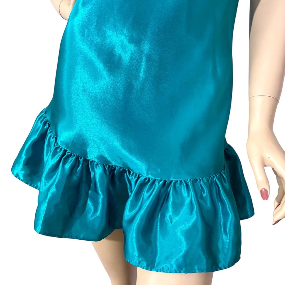 Vintage 80s Teal Satin Slip Dress Ruffle Hem Coquette Mini Nightgown Small - Picture 4 of 8
